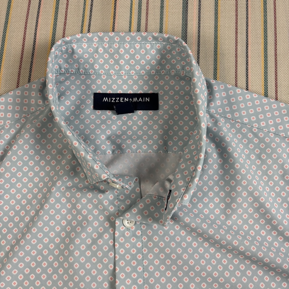 Mizzen+Main Leeward Shirt Mens Large Blue Geometric Short Sleeve Trim EC